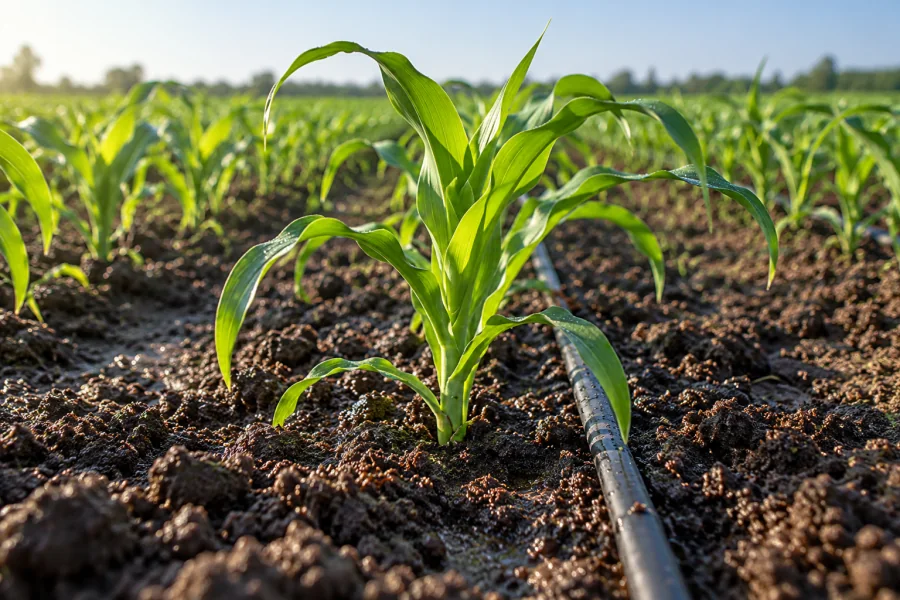 Agricultural planting scene, illustrative plant-nutrition application imagery