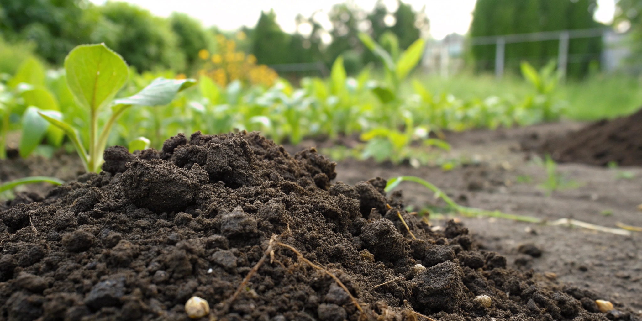 A pile of rich, dark compost-based organic fertilizer.